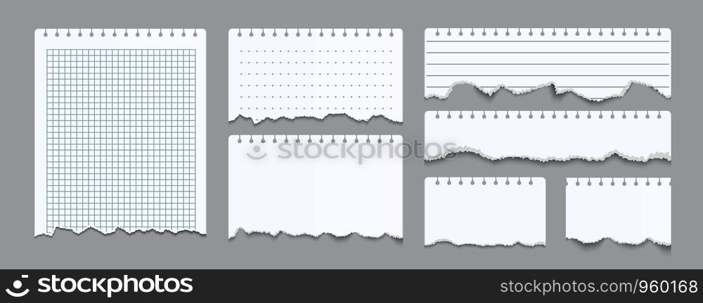 Torn notebook papers. Realistic blank gridded notebook ripped out papers. Vector illustration white paper sheets of square with cell horizontal line and perforation on gray background. Torn notebook papers. Realistic blank gridded notebook ripped out papers. Vector illustration white paper sheets of square with cell horizontal line