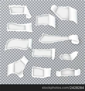 Torn paper curls exposing inner layer through variously shaped holes realistic images collection transparent isolated vector illustration . Torn Paper Curls Realistic Transparent