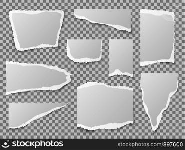 Torn paper. Different shapes of papers scraps, textured memo sheets. Grainy crumpled ripped edge strips, blank page. Vector pieces squares collection template. Torn paper. Different shapes of papers scraps, textured memo sheets. Grainy crumpled ripped edge strips, blank page. Vector template