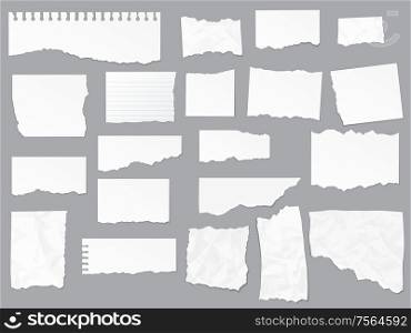 Torn paper notes, vector copybook page sheets, realistic empty piece of paper. Notebook or copybook on lined paper with shred and ripped edges. Torn paper notes, notebook, realistic vector