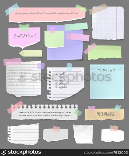 Torn paper pieces, notebook sheets and scrapbooking vector elements. Colorful paper sticker on board, note and notepad sheet, reminder, shopping and To Do list attached with adhesive tape. Torn paper sheet, pieces for notes and scrapbook