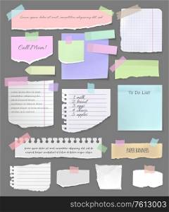 Torn paper pieces, notebook sheets and scrapbooking vector elements. Colorful paper sticker on board, note and notepad sheet, reminder, shopping and To Do list attached with adhesive tape. Torn paper sheet, pieces for notes and scrapbook