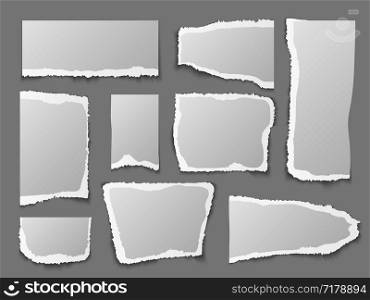 Torn paper. Ripped papers pieces, grainy scrap page. Blank message edges. Crumpled note, memo labels and shape square texture notebook isolated vector set. Torn paper. Ripped papers pieces, grainy scrap page. Blank message edges. Crumpled note, memo labels vector set