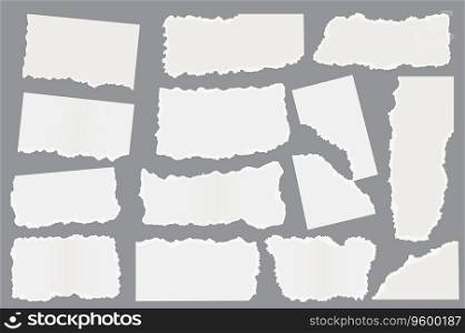 Torn paper set graphic elements in flat design. Bundle of different shapes of white ripped paper scraps with empty spaces, page pieces with torn ripped edges. Vector illustration isolated objects