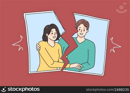Torn picture of smiling couple show end of romantic relationship. Concept of breakup and divorce. Marriage dissolution and separation. Ex-couple relation photography. Vector illustration. . Torn picture of ex-couple smiling on photography 