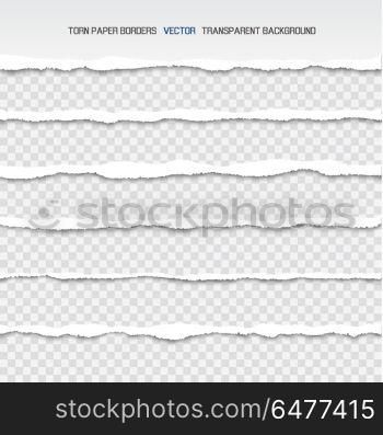 Torn White Paper Borders Isolated Illustrations. Torn white thin paper borders isolated cartoon flat vector illustrations on transparent background. Long stripes of sheets with uneven edges.