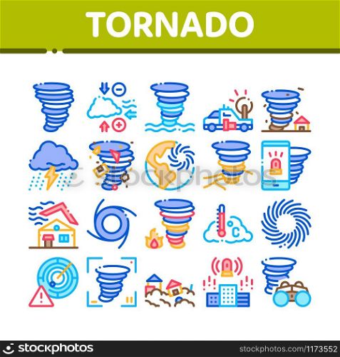 Tornado And Hurricane Collection Icons Set Vector Thin Line. Tornado Blowing House Roof, Cyclone On Planet Globe, Twister Weather Concept Linear Pictograms. Color Contour Illustrations. Tornado And Hurricane Collection Icons Set Vector