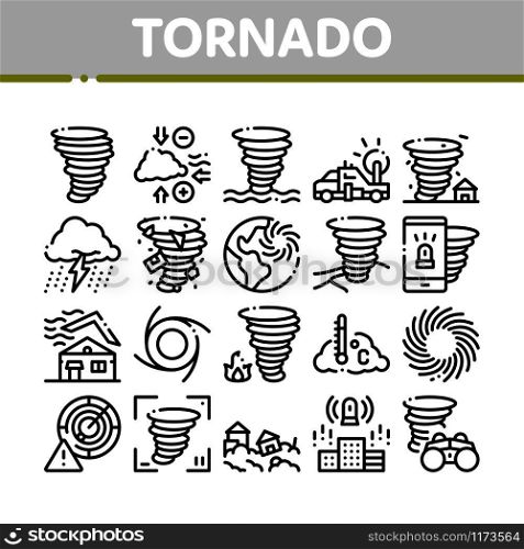 Tornado And Hurricane Collection Icons Set Vector Thin Line. Tornado Blowing House Roof, Cyclone On Planet Globe, Twister Weather Concept Linear Pictograms. Monochrome Contour Illustrations. Tornado And Hurricane Collection Icons Set Vector