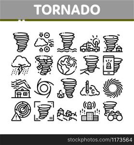 Tornado And Hurricane Collection Icons Set Vector Thin Line. Tornado Blowing House Roof, Cyclone On Planet Globe, Twister Weather Concept Linear Pictograms. Monochrome Contour Illustrations. Tornado And Hurricane Collection Icons Set Vector