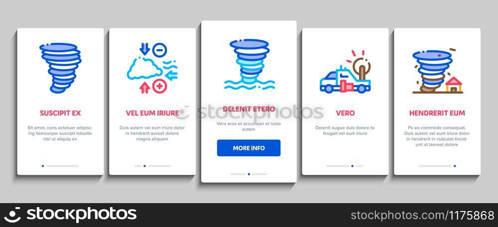 Tornado And Hurricane Onboarding Mobile App Page Screen Vector. Tornado Blowing House Roof, Cyclone On Planet Globe, Twister Weather Concept Linear Pictograms. Color Contour Illustrations. Tornado And Hurricane Onboarding Elements Icons Set Vector