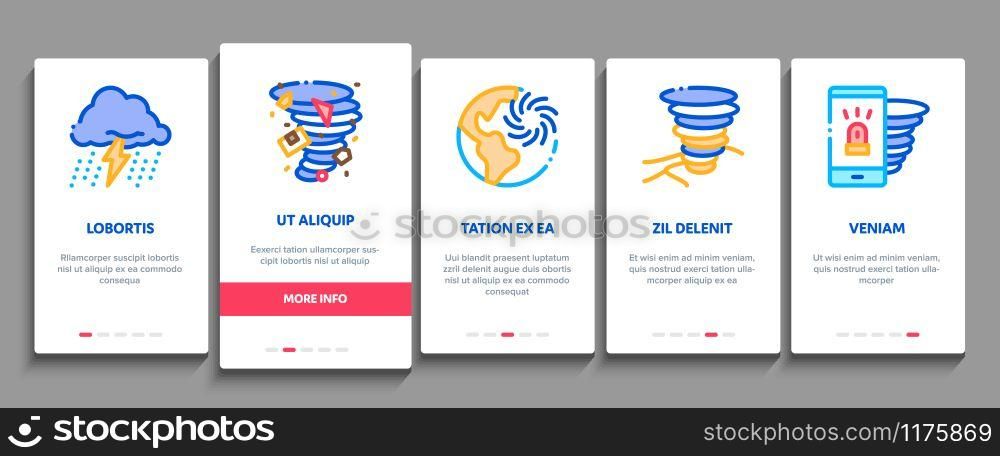 Tornado And Hurricane Onboarding Mobile App Page Screen Vector. Tornado Blowing House Roof, Cyclone On Planet Globe, Twister Weather Concept Linear Pictograms. Color Contour Illustrations. Tornado And Hurricane Onboarding Elements Icons Set Vector
