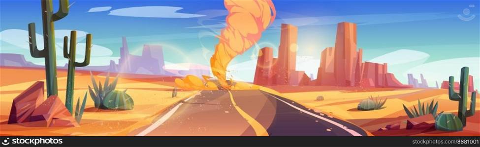 Tornado at desert road cartoon nature landscape. Wind storm with air funnel at highway with cracked asphalt along sand dunes and rocks perspective view with light flare effect. Vector illustration. Tornado at desert road cartoon nature landscape