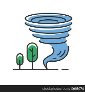 Tornado blue color icon. Twister. Cyclone. Natural disaster. Extreme weather condition. Destructive whirling wind. Atmospheric phenomenon. Storm spiral funnel and trees. Isolated vector illustration