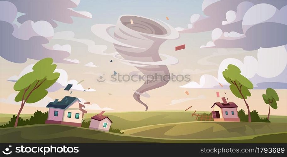 Tornado catastrophe. Natural disaster with hurricane. Power twisted storm concept. Houses destruction from whirlwind. Buildings damage. Danger cyclone zone. Vector cartoon landscape with broken homes. Tornado catastrophe. Natural disaster with hurricane. Power twisted storm concept. Houses destruction from whirlwind. Buildings damage. Cyclone zone. Vector landscape with broken homes