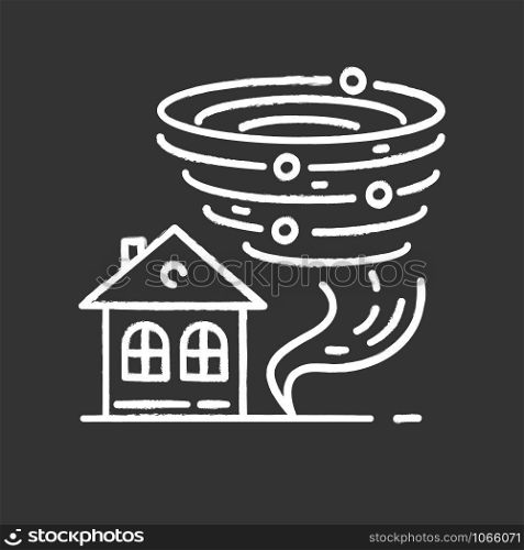 Tornado chalk icon. Twister spiral funnel approaching house. Cyclone dangerous for building. Extreme weather condition. Destructive hurricane. Storm. Typhoon. Isolated vector chalkboard illustration