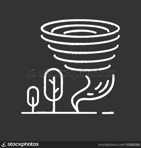 Tornado chalk icon. wister. Cyclone. Natural disaster. Extreme weather condition. Destructive whirling wind. Atmospheric phenomenon. Storm spiral funnel, trees. Isolated vector chalkboard illustration