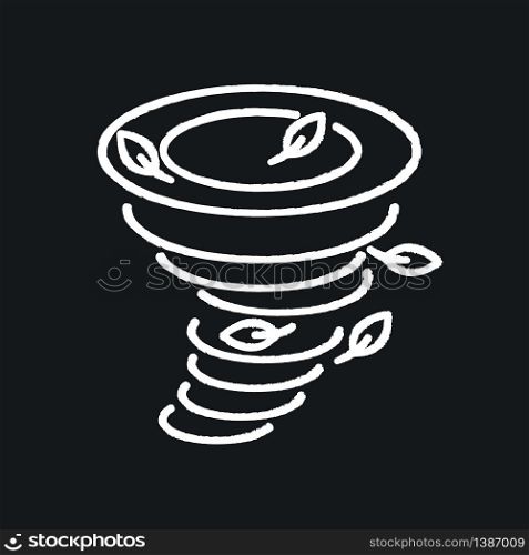 Tornado chalk white icon on black background. Natural disaster, dangerous phenomenon. Extreme weather, meteorological emergency. Strong whirlwind, twister isolated vector chalkboard illustration. Tornado chalk white icon on black background