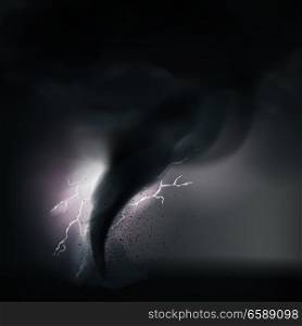 Tornado composition with bad rough weather fulmination realistic grogs thunder firestorm and bolt of lighting vector illustration. Tornado Cyclone Composition