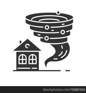 Tornado glyph icon. Twister spiral funnel approaching house. Cyclone and building. Extreme weather condition. Hurricane. Storm. Typhoon. Silhouette symbol. Negative space. Vector isolated illustration