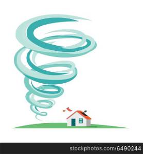 Tornado Hurricane Infographics. Natural Disaster. Tornado and hurricane infographics. Natural disaster symbol icon sign. Deadly tornado near house. Tornado swirl damages village cottage. Catastrophe caused by strong wind. Vector illustration