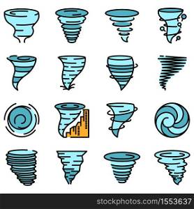 Tornado icons set. Outline set of tornado vector icons thin line color flat on white. Tornado icons vector flat
