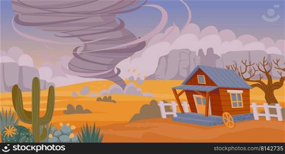 Tornado in desert. Cartoon sand storm natural disaster, desert landscape with old rustic house and air funnel. Vector background. Natural catastrophe near house, cactus and leafless tree. Tornado in desert. Cartoon sand storm natural disaster, desert landscape with old rustic house and air funnel. Vector background