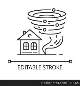 Tornado linear icon. Twister spiral funnel approaching house. Cyclone. Destructive hurricane. Storm. Typhoon. Thin line illustration. Contour symbol. Vector isolated outline drawing. Editable stroke