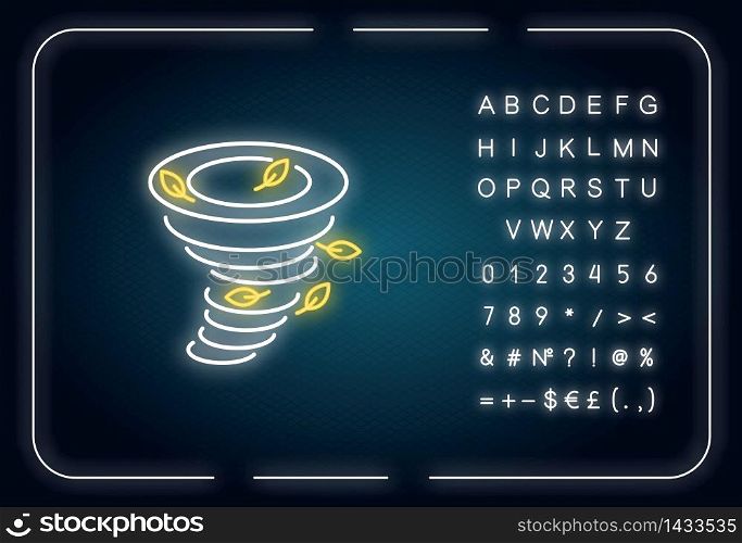 Tornado neon light icon. Outer glowing effect. Natural disaster, dangerous phenomenon sign with alphabet, numbers and symbols. Strong whirlwind, twister vector isolated RGB color illustration. Tornado neon light icon