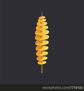Tornado potato on skewer isolated fried salt chips icon. Vector swirls of potatoes on wooden stick. Salty chips, french fries takeaway street food, takeout dish. Vegetable dish on stick fastfood snack. Fried swirls of tornado potato on skewer isolated