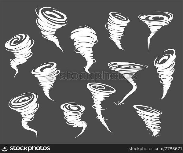 Tornado, storm, whirlwind twister, cyclone whirlpools set. Windy or stormy weather, thunderstorm meteorology forecast vector symbols, blizzard blow, typhoon or hurricane wind white twisters. Tornado, storm, whirlwind and cyclone twisters