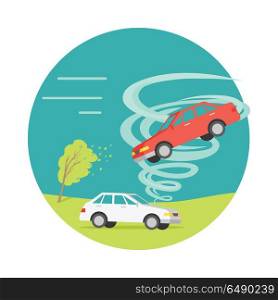 Tornado Twisted Car, Ruined Everything. Vector. Tornado twisted red car icon. White car stands on ground. Tornado ruins everything. Natural disaster. Deadly strong wind damages machines and nature. Catastrophe with whirlwind. Vector illustration