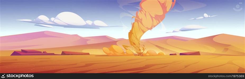Tornado, wind storm with air funnel in desert. Vector cartoon illustration of dangerous weather phenomenon, sand whirlwind, dusty twister in desert with yellow dunes. Tornado, sand whirlwind, dusty twister in desert