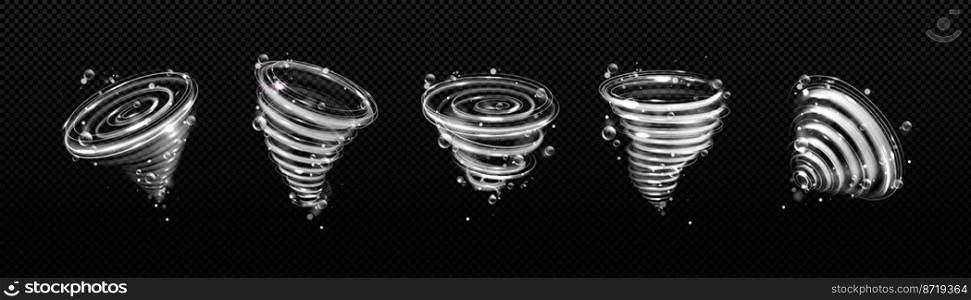 Tornado with air bubbles, cleanliness effect. Detergent thunderstorm swirls with soap. Isolated abstract dynamic vortex motion with foam, 3d elements for washing powder or sh&oo design Realistic set. Tornado with air bubbles, cleanliness effect, set
