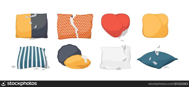 Torned pillows. Tattered cushion with scattered feathers, soft comfortable bedding decor with gap and scratches flat style. Vector cartoon set. Colorful damaged textile objects with cuts. Torned pillows. Tattered cushion with scattered feathers, soft comfortable bedding decor with gap and scratches flat style. Vector cartoon set