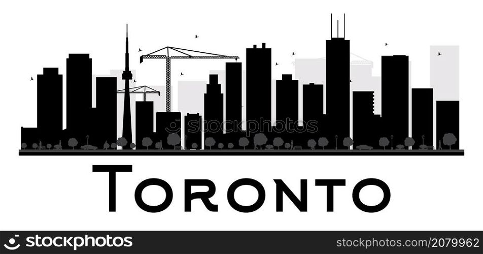 Toronto City skyline black and white silhouette. Vector illustration. Simple flat concept for tourism presentation, banner, placard or web site. Business travel concept. Cityscape with landmarks