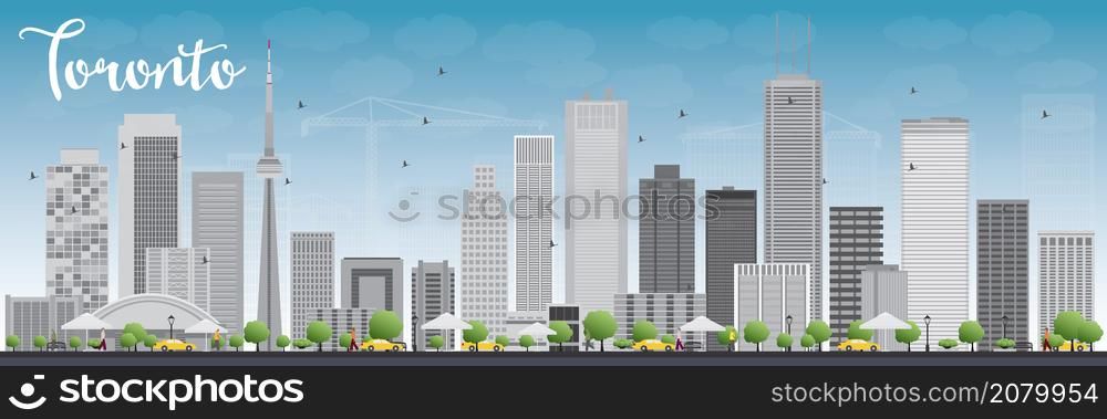 Toronto skyline with grey buildings and blue sky. Vector illustration. Business travel and tourism concept with modern buildings. Image for presentation, banner, placard and web site.