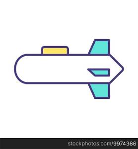Torpedo RGB color icon. Underwater ranged weapon. Launching from submarine, surface vessel. Self-propelled cylindrical explosive projectile. Underwater vehicle. Isolated vector illustration. Torpedo RGB color icon