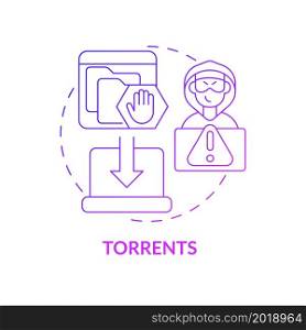 Torrents purple gradient concept icon. Source of piracy abstract idea thin line illustration. Piracy of copyrighted works. Illegally torrenting. Vector isolated outline color drawing. Torrents purple gradient concept icon