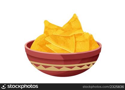 Tortilla chips, traditional Mexico nacho, triangle crisp food in bowl in cartoon style isolated on white background. Fast food, detailed meal. Vector illustration