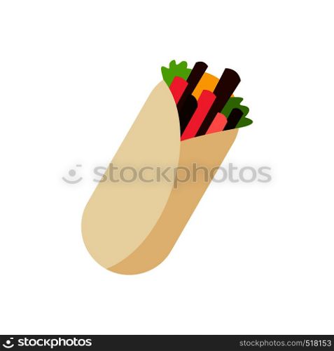 Tortilla wrap with meat and vegetables icon in flat style isolated on white background. Tortilla wrap with meat and vegetables icon