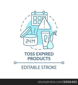 Toss expired products concept icon. Tidying bathroom from unnecessary and expiration date idea thin line illustration. Expired funds. Vector isolated outline RGB color drawing. Editable stroke. Toss expired products concept icon