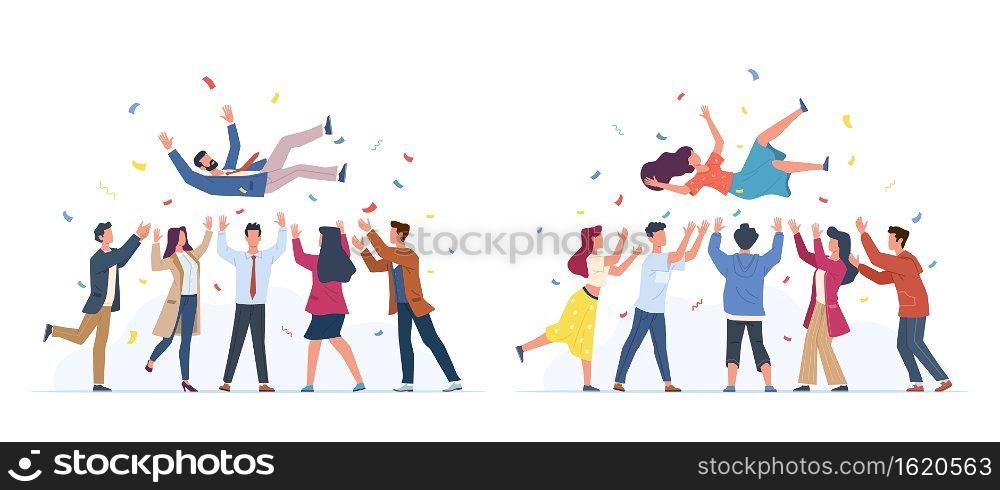 Tossing in air. People group throwing colleague, birthday celebrating, victory congratulate, business team achievements, happy characters rejoice in victory. Vector cartoon flat set isolated on white. Tossing in air. People group throwing colleague, birthday celebrating, victory congratulate, business team achievements, happy characters rejoice in victory vector cartoon flat set