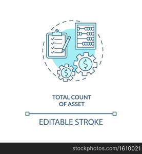 Total asset count concept icon. Assets inventory element idea thin line illustration. Cash and cash equivalents. Total resources available. Vector isolated outline RGB color drawing. Editable stroke. Total asset count concept icon