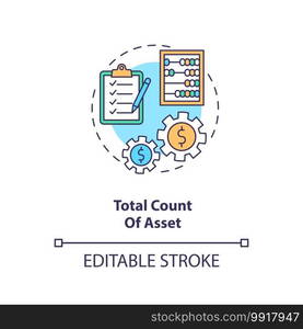 Total asset count concept icon. Assets inventory element idea thin line illustration. Stockholders equity and total liabilities sum. Vector isolated outline RGB color drawing. Editable stroke. Total asset count concept icon