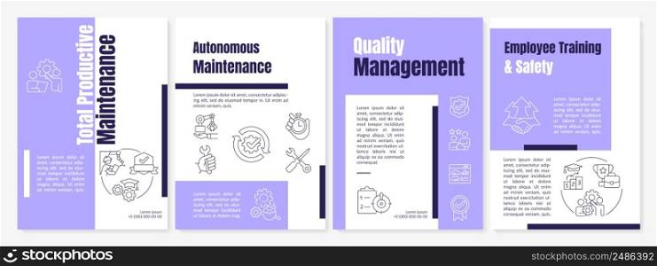 Total productive maintenance purple brochure template. Equipment improvement. Leaflet design with linear icons. 4 vector layouts for presentation, annual reports. Anton, Lato-Regular fonts use. Total productive maintenance purple brochure template