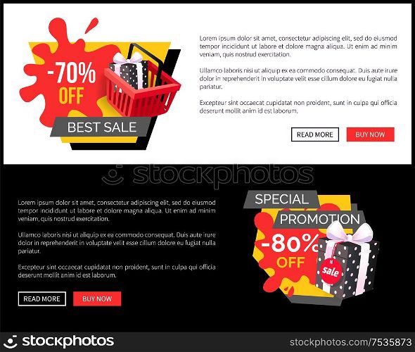 Total sale 80 and 70 percent shopping tags with info about discounts, best offer vector sites. Super sale landing pages, buttons read more and buy now.. Total Sale 80 70 Percent Shopping Tags with Info