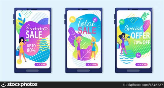Total Summer Sale Special Offer Banner Set. Happy Cartoon Woman Buy Clothes Vector Illustration. Mobile Phone Screen with Advertising. Internet Shopping Smartphone Application. Online Store. Mobile Phone Screen Total Summer Sale Offer Banner