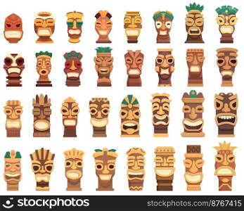 Totem icons set cartoon vector. Stone altar. Aztec idol. Totem icons set cartoon vector. Stone altar