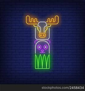 Totem pole with elk and bear neon sign. Culture, idol, religion design. Night bright neon sign, colorful billboard, light banner. Vector illustration in neon style.