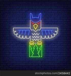Totem pole with owl neon sign. Culture, idol, religion design. Night bright neon sign, colorful billboard, light banner. Vector illustration in neon style.